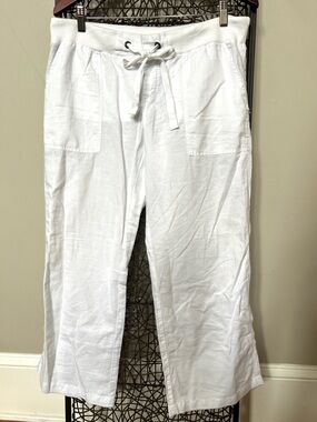 Converse Women Linen Cotton Bl Pants White Wide Leg Pockets Drawstring Cropped M